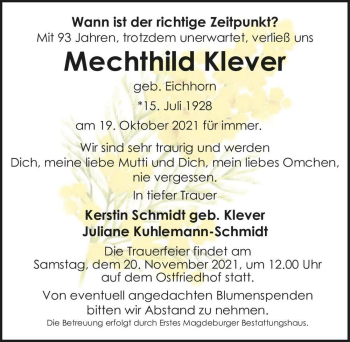 Traueranzeige von Mechthild Klever (geb. Eichhorn)  von Magdeburger Volksstimme