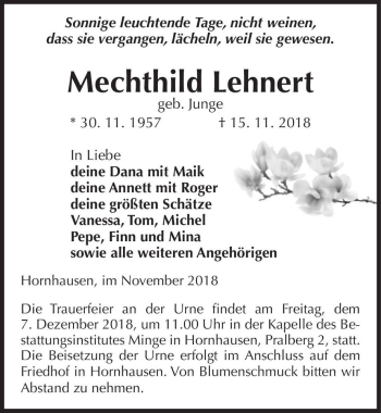 Traueranzeige von Mechthild Lehnert (geb. Junge)  von Magdeburger Volksstimme
