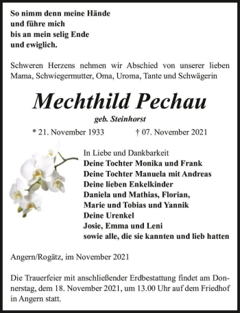 Traueranzeige von Mechthild Pechau (geb. Steinhorst)  von Magdeburger Volksstimme