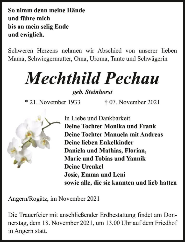  Traueranzeige für Mechthild Pechau (geb. Steinhorst)  vom 13.11.2021 aus Magdeburger Volksstimme