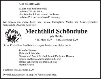 Traueranzeige von Mechthild Schöndube (geb. Haacke)  von Magdeburger Volksstimme