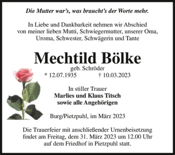 Traueranzeige von Mechtild Bölke (geb. Schröder)  von Magdeburger Volksstimme