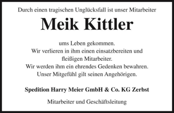 Traueranzeige von Meik Kittler  von Magdeburger Volksstimme