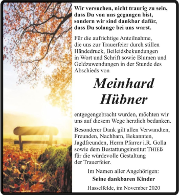 Traueranzeige von Meinhard Hübner  von Magdeburger Volksstimme