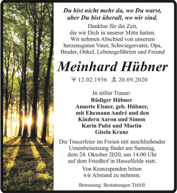 Traueranzeige von Meinhard Hübner  von Magdeburger Volksstimme