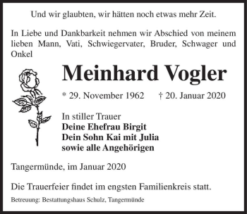 Traueranzeige von Meinhard Vogler  von Magdeburger Volksstimme