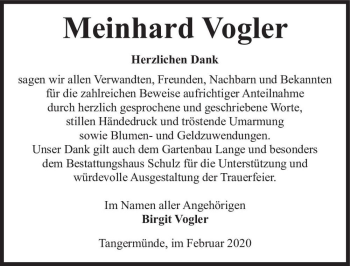 Traueranzeige von Meinhard Vogler  von Magdeburger Volksstimme
