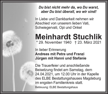 Traueranzeige von Meinhardt Stuchlik  von Magdeburger Volksstimme
