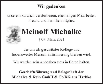 Traueranzeige von Meinolf Michalke  von Magdeburger Volksstimme