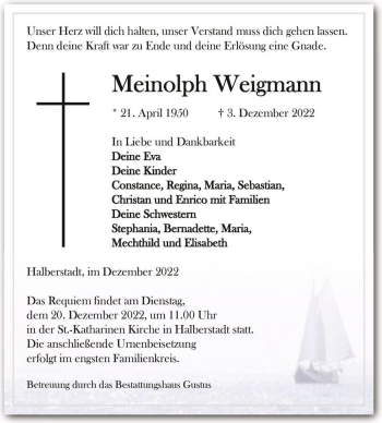 Traueranzeige von Meinolph Weigmann  von Magdeburger Volksstimme