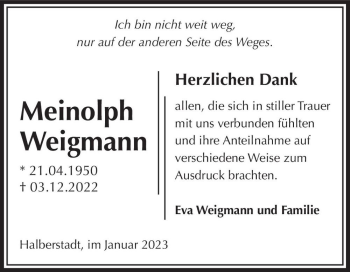 Traueranzeige von Meinolph Weigmann  von Magdeburger Volksstimme