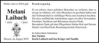 Traueranzeige von Melani Laibach  von Magdeburger Volksstimme