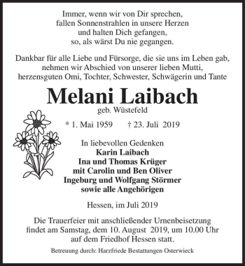 Traueranzeige von Melani Laibach (geb. Wüstefeld)  von Magdeburger Volksstimme