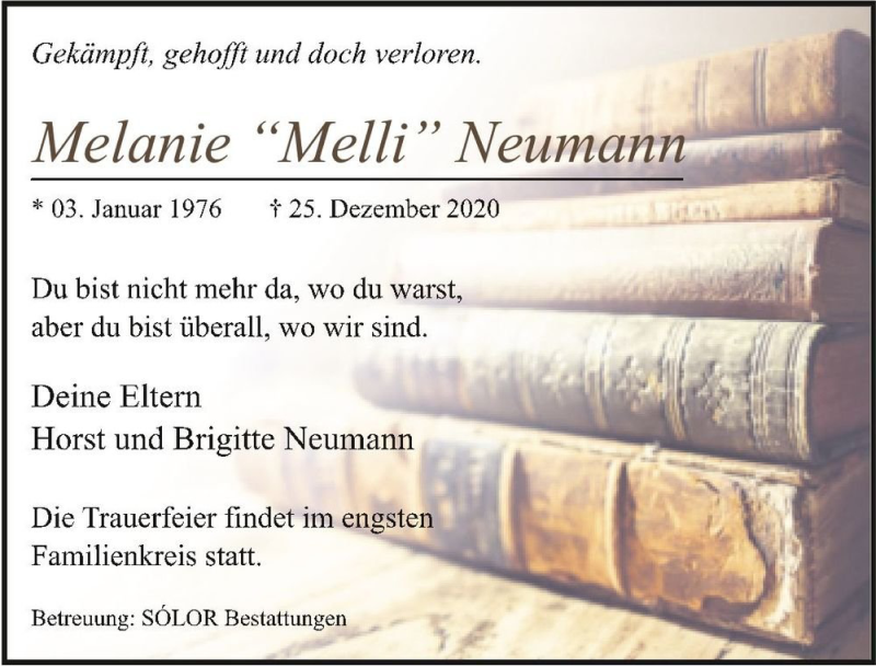  Traueranzeige für Melanie 