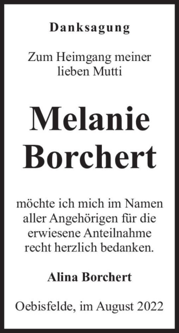 Traueranzeige von Melanie Borchert  von Magdeburger Volksstimme