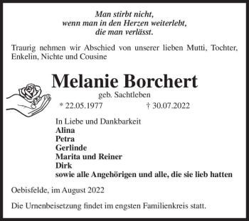 Traueranzeige von Melanie Borchert (geb. Sachtleben)  von Magdeburger Volksstimme