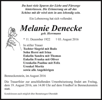 Traueranzeige von Melanie Denecke (geb. Herrmann)  von Magdeburger Volksstimme