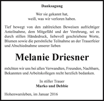 Traueranzeige von Melanie Driesner  von Magdeburger Volksstimme