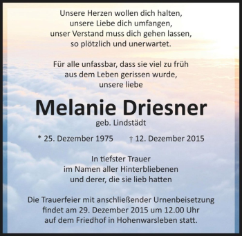 Traueranzeige von Melanie Driesner (geb. Lindstädt)  von Magdeburger Volksstimme