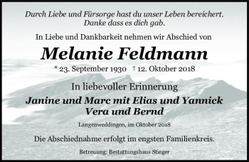Traueranzeige von Melanie Feldmann  von Magdeburger Volksstimme