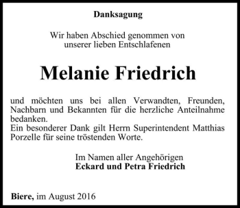 Traueranzeige von Melanie Friedrich  von Magdeburger Volksstimme