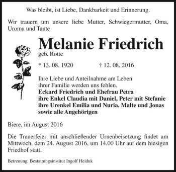 Traueranzeige von Melanie Friedrich (geb. Rotte)  von Magdeburger Volksstimme