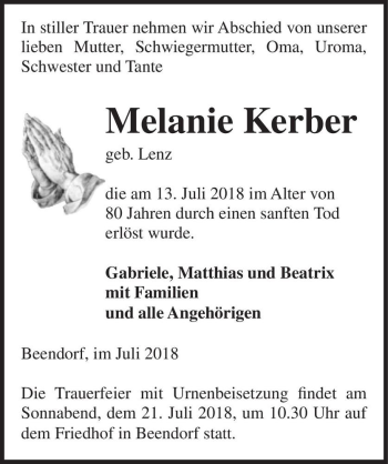 Traueranzeige von Melanie Kerber (geb. Lenz)  von Magdeburger Volksstimme
