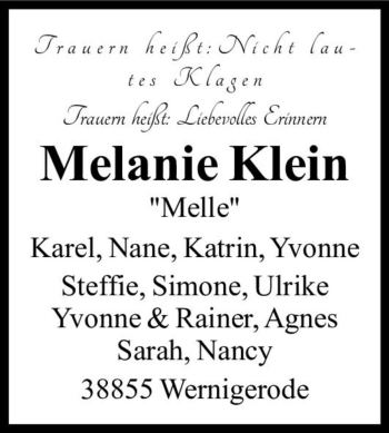 Traueranzeige von Melanie Klein 