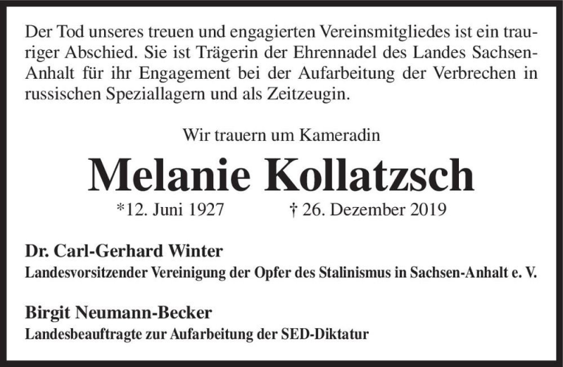  Traueranzeige für Melanie Kollatzsch  vom 11.01.2020 aus Magdeburger Volksstimme