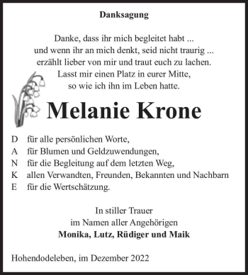 Traueranzeige von Melanie Krone  von Magdeburger Volksstimme