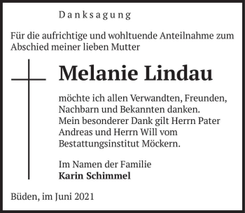 Traueranzeige von Melanie Lindau  von Magdeburger Volksstimme