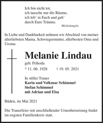 Traueranzeige von Melanie Lindau (geb. Prihoda)  von Magdeburger Volksstimme