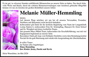 Traueranzeige von Melanie Müller-Hemmling  von Magdeburger Volksstimme