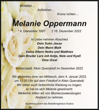 Traueranzeige von Melanie Oppermann  von Magdeburger Volksstimme