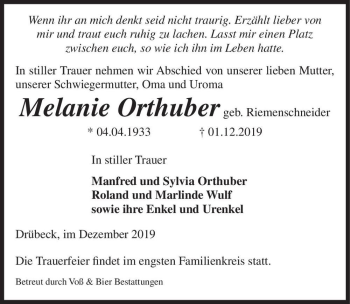 Traueranzeige von Melanie Orthuber (geb. Riemenschneider)  von Magdeburger Volksstimme