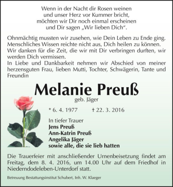 Traueranzeige von Melanie Preuß (geb. Jäger)  von Magdeburger Volksstimme