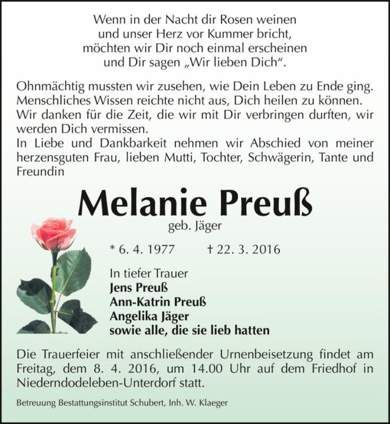  Traueranzeige für Melanie Preuß (geb. Jäger)  vom 02.04.2016 aus Magdeburger Volksstimme