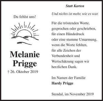 Traueranzeige von Melanie Prigge  von Magdeburger Volksstimme