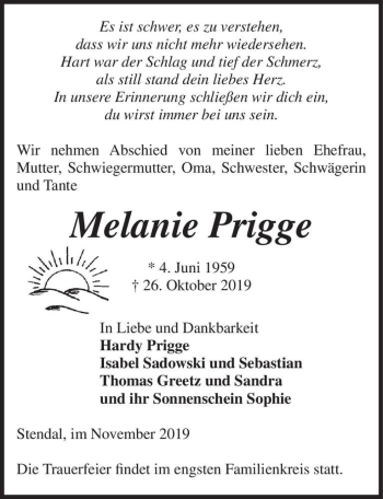 Traueranzeige von Melanie Prigge  von Magdeburger Volksstimme