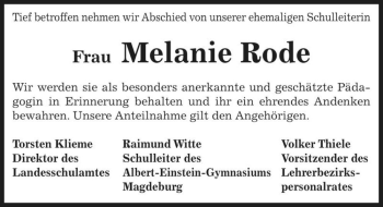 Traueranzeige von Melanie Rode  von Magdeburger Volksstimme