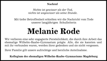 Traueranzeige von Melanie Rode  von Magdeburger Volksstimme