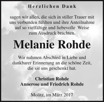 Traueranzeige von Melanie Rohde  von Magdeburger Volksstimme