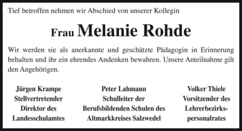 Traueranzeige von Melanie Rohde  von Magdeburger Volksstimme