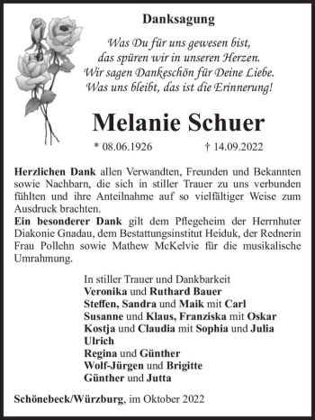 Traueranzeige von Melanie Schuer  von Magdeburger Volksstimme