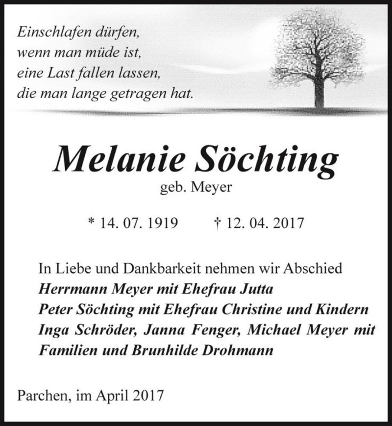  Traueranzeige für Melanie Söchting (geb. Meyer)  vom 06.05.2017 aus Magdeburger Volksstimme