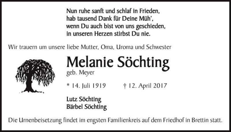  Traueranzeige für Melanie Söchting (geb. Meyer)  vom 15.04.2017 aus Magdeburger Volksstimme