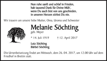 Traueranzeige von Melanie Söchting (geb. Meyer)  von Magdeburger Volksstimme