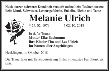 Traueranzeige von Melanie Ulrich  von Magdeburger Volksstimme