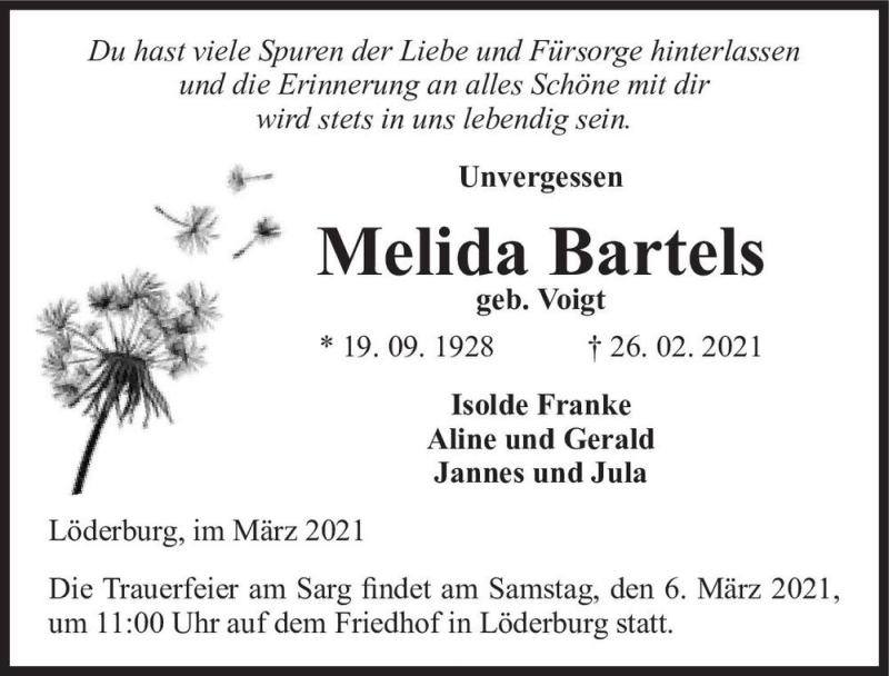  Traueranzeige für Melida Bartels (geb. Voigt)  vom 03.03.2021 aus Magdeburger Volksstimme