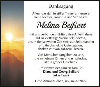 Traueranzeige von Melina Beißert  von Magdeburger Volksstimme